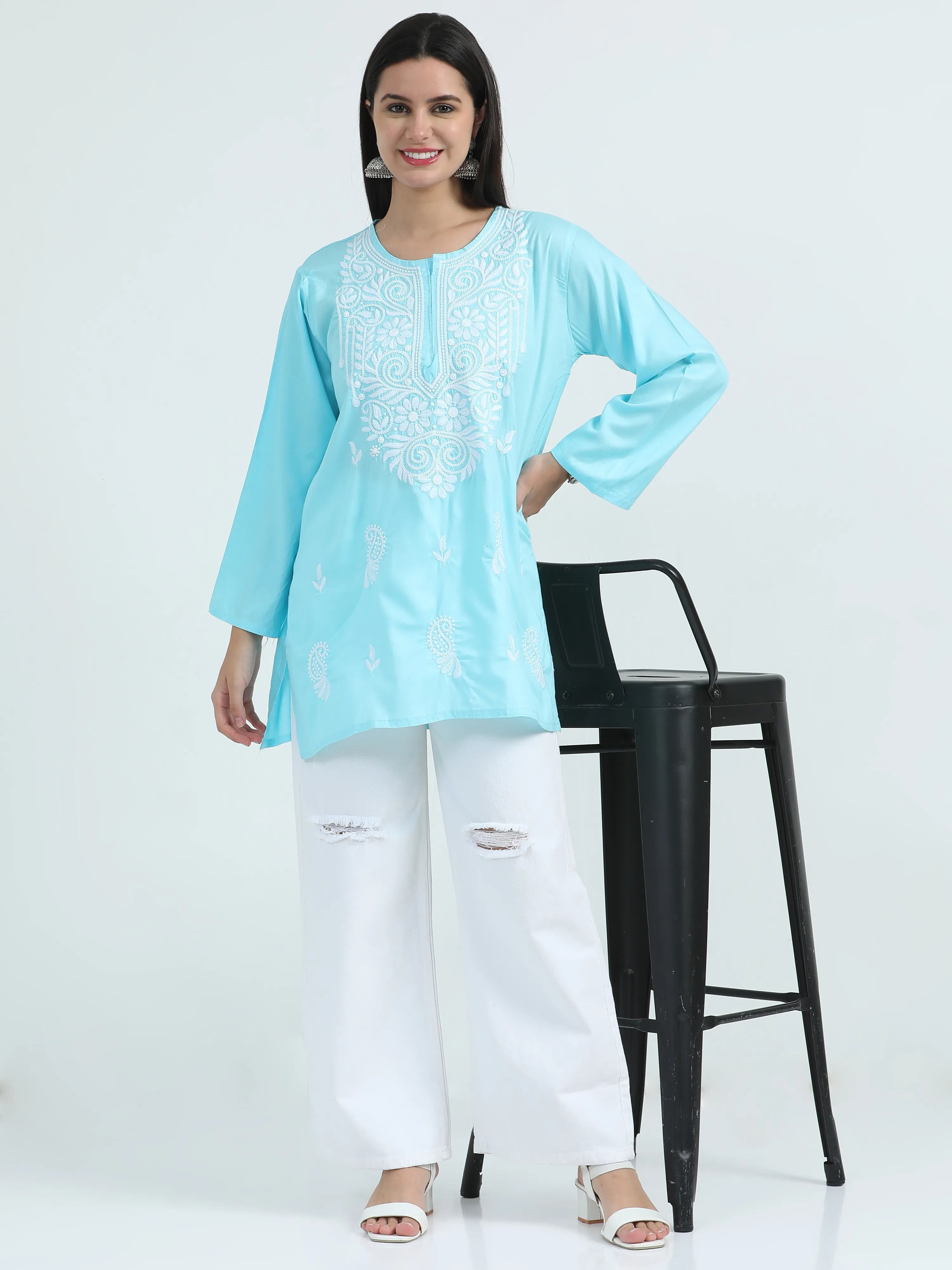 Blue Barfi Chikankari Short Kurta