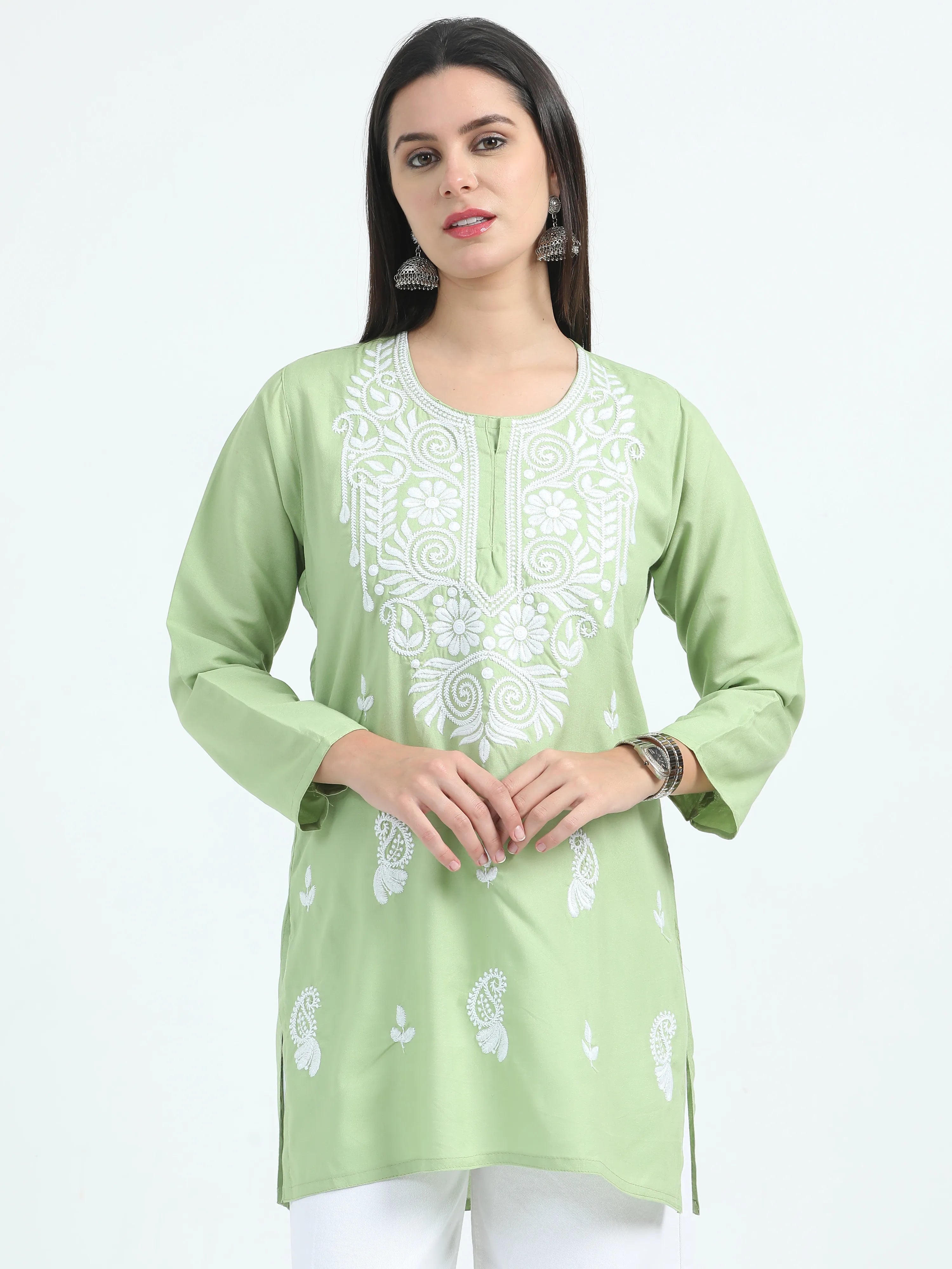 Green Gulbahar Chikankari Short Kurta