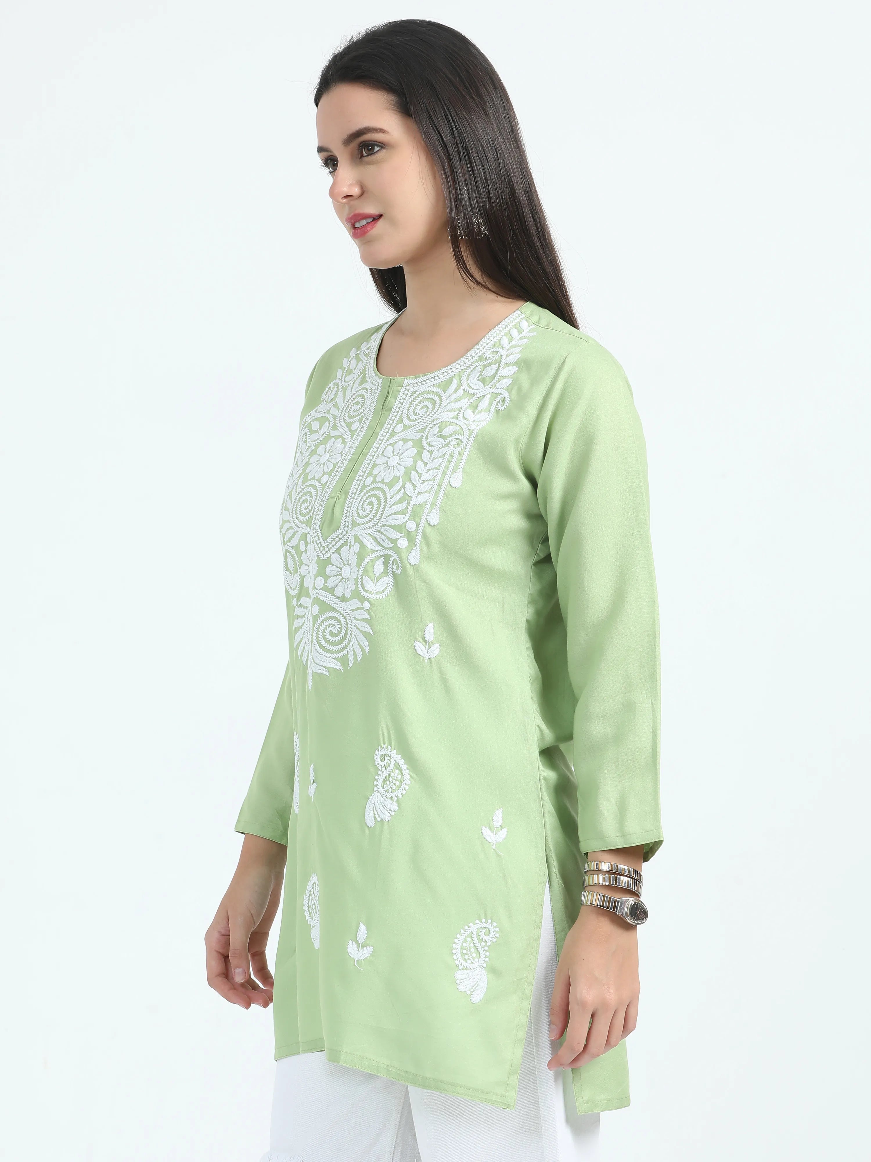 Green Gulbahar Chikankari Short Kurta