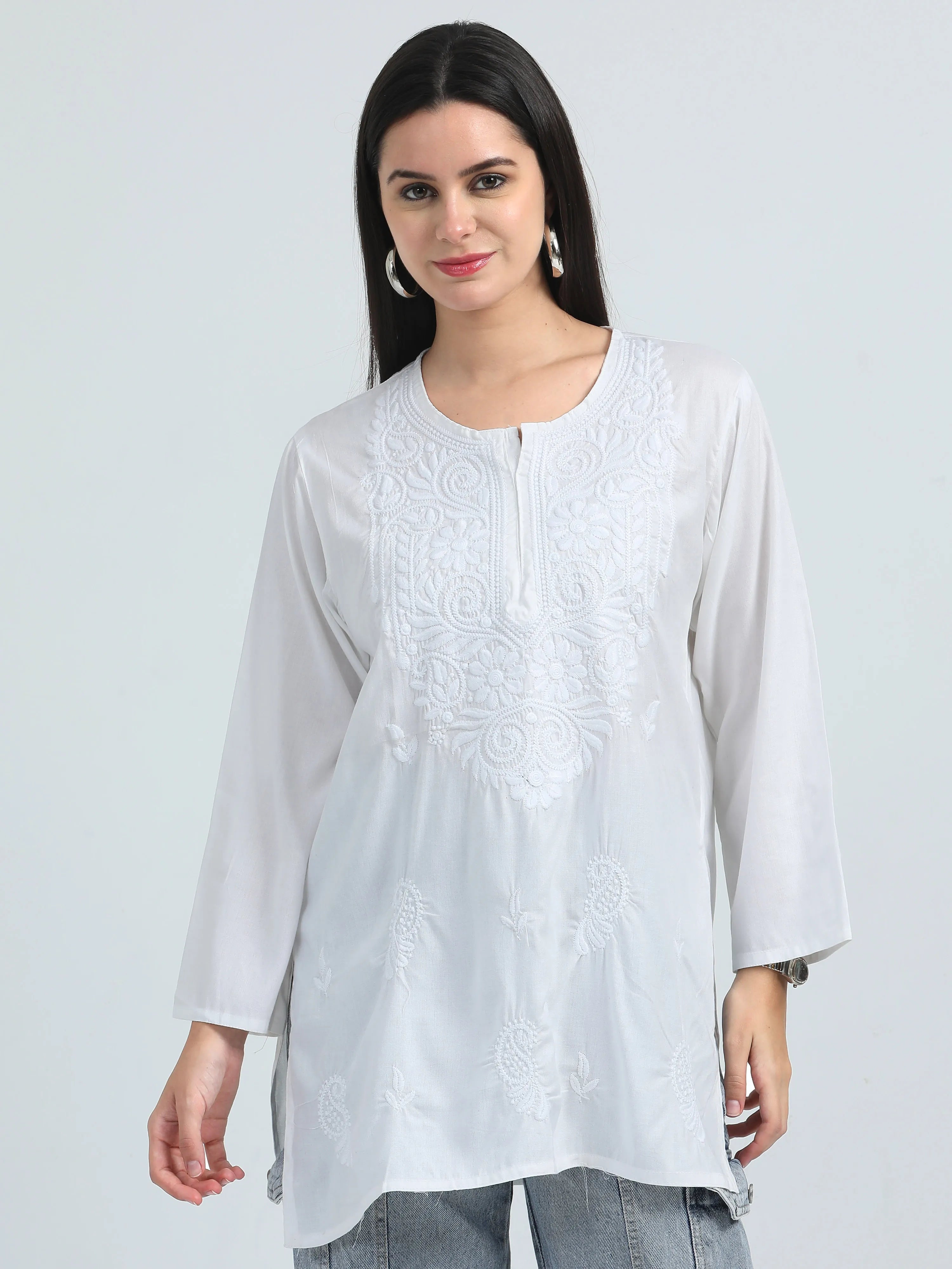 White Shubra Chikankari Short Kurta