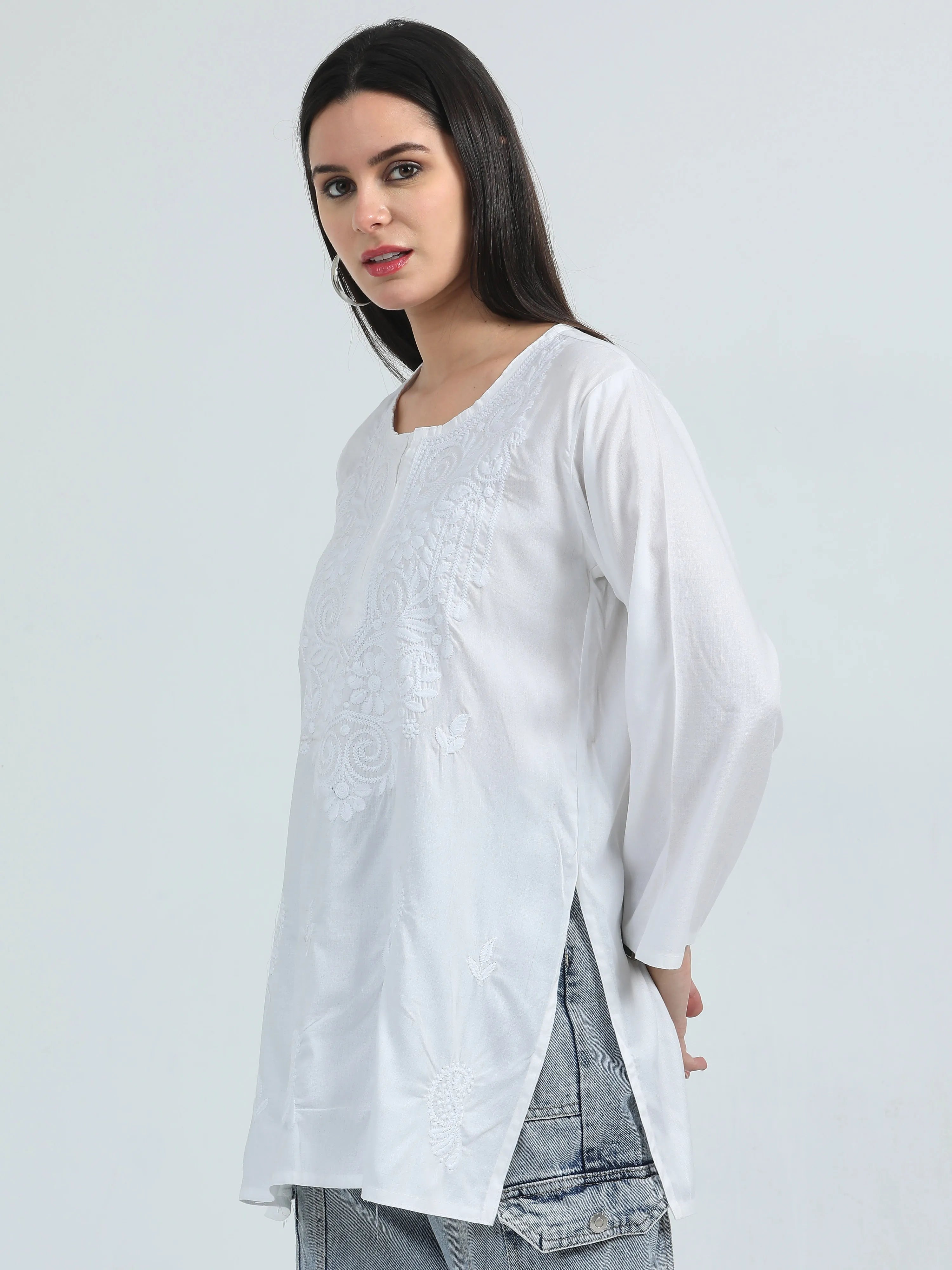 White Shubra Chikankari Short Kurta
