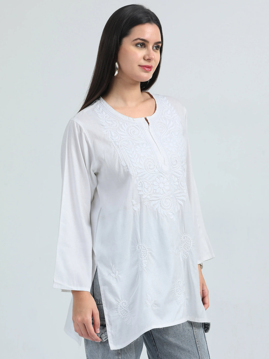 White Shubra Chikankari Short Kurta
