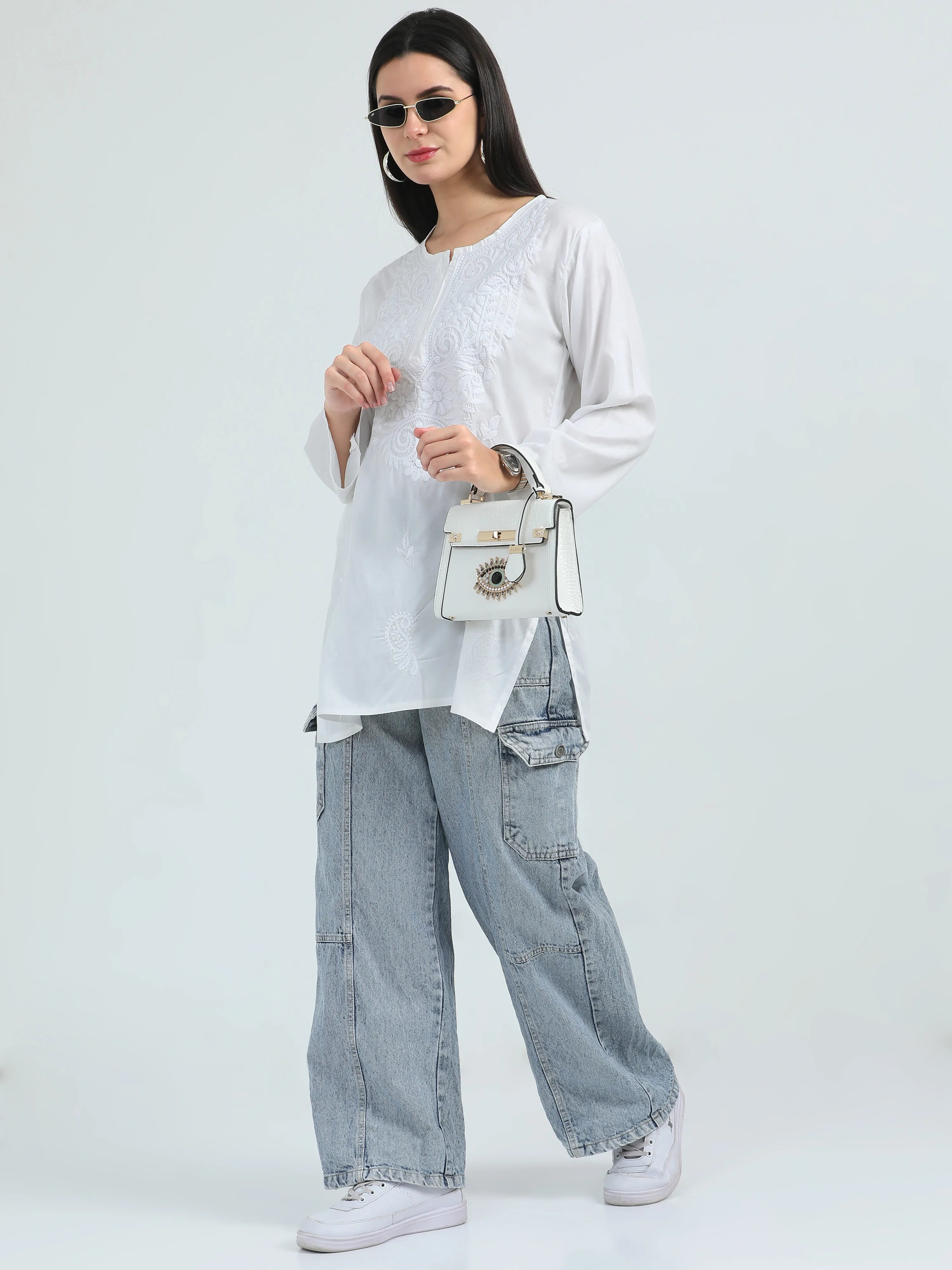 White Shubra Chikankari Short Kurta