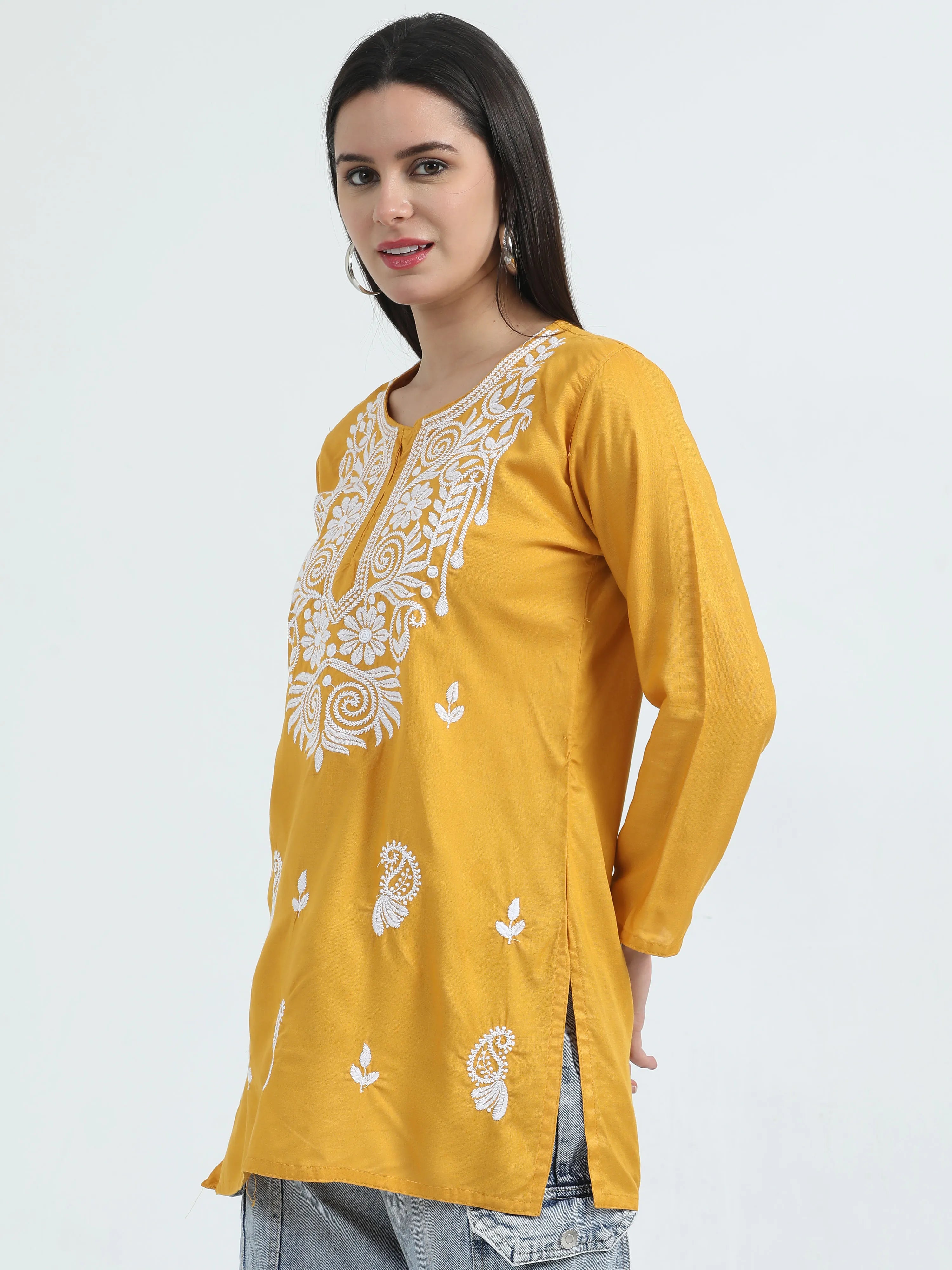 Yellow Kesariya Chikankari Short Kurta