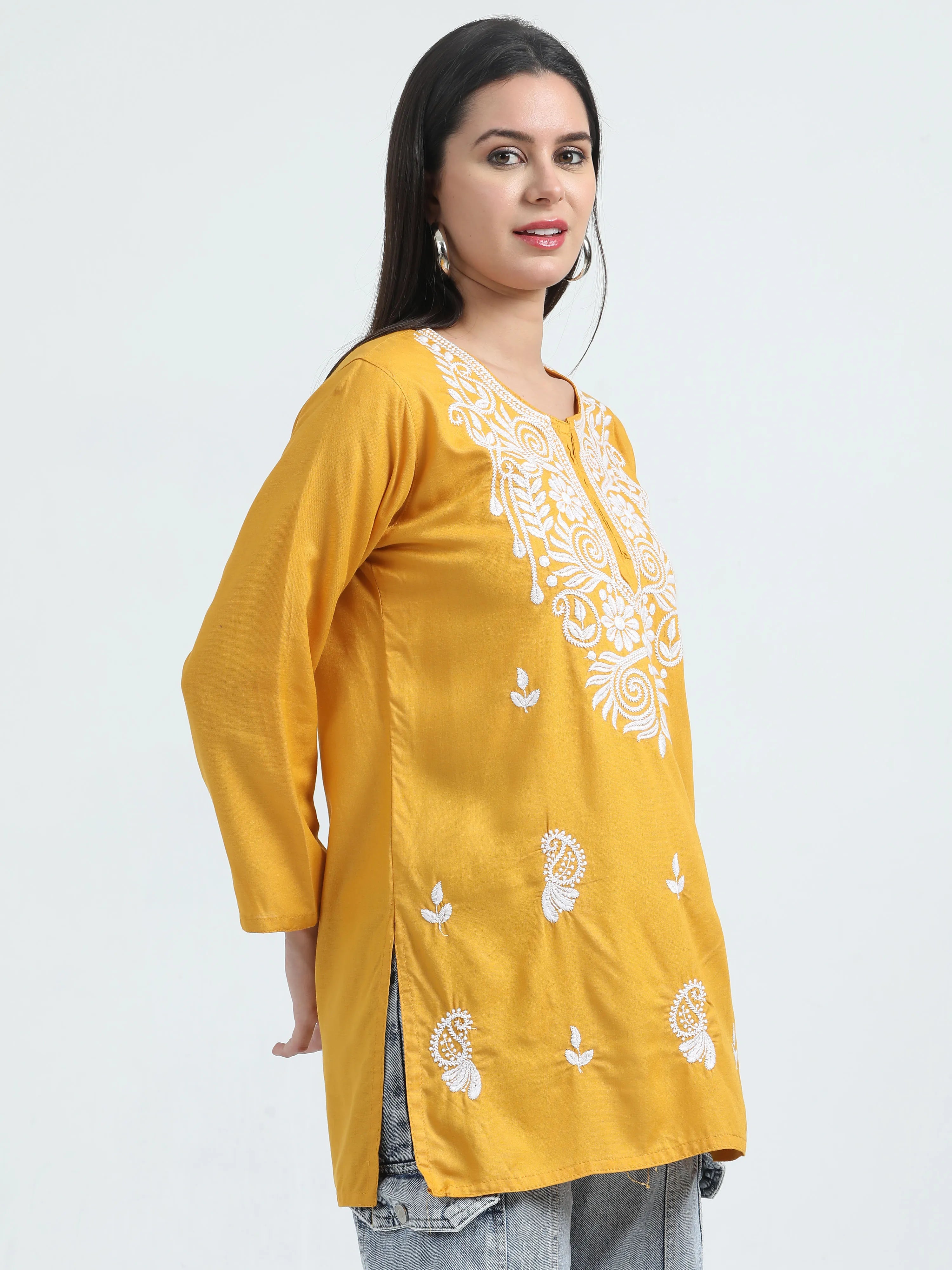 Yellow Kesariya Chikankari Short Kurta