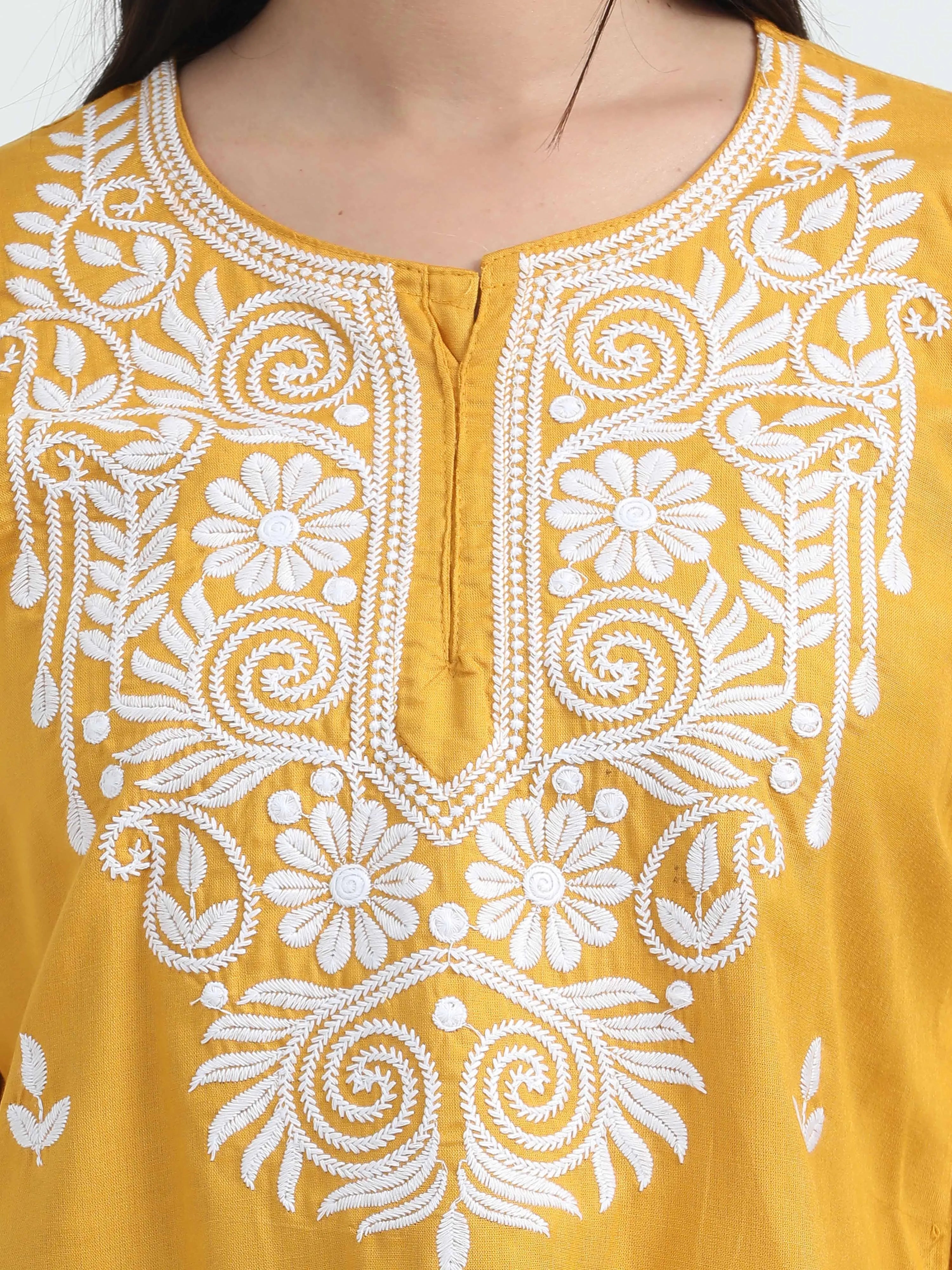 Yellow Kesariya Chikankari Short Kurta