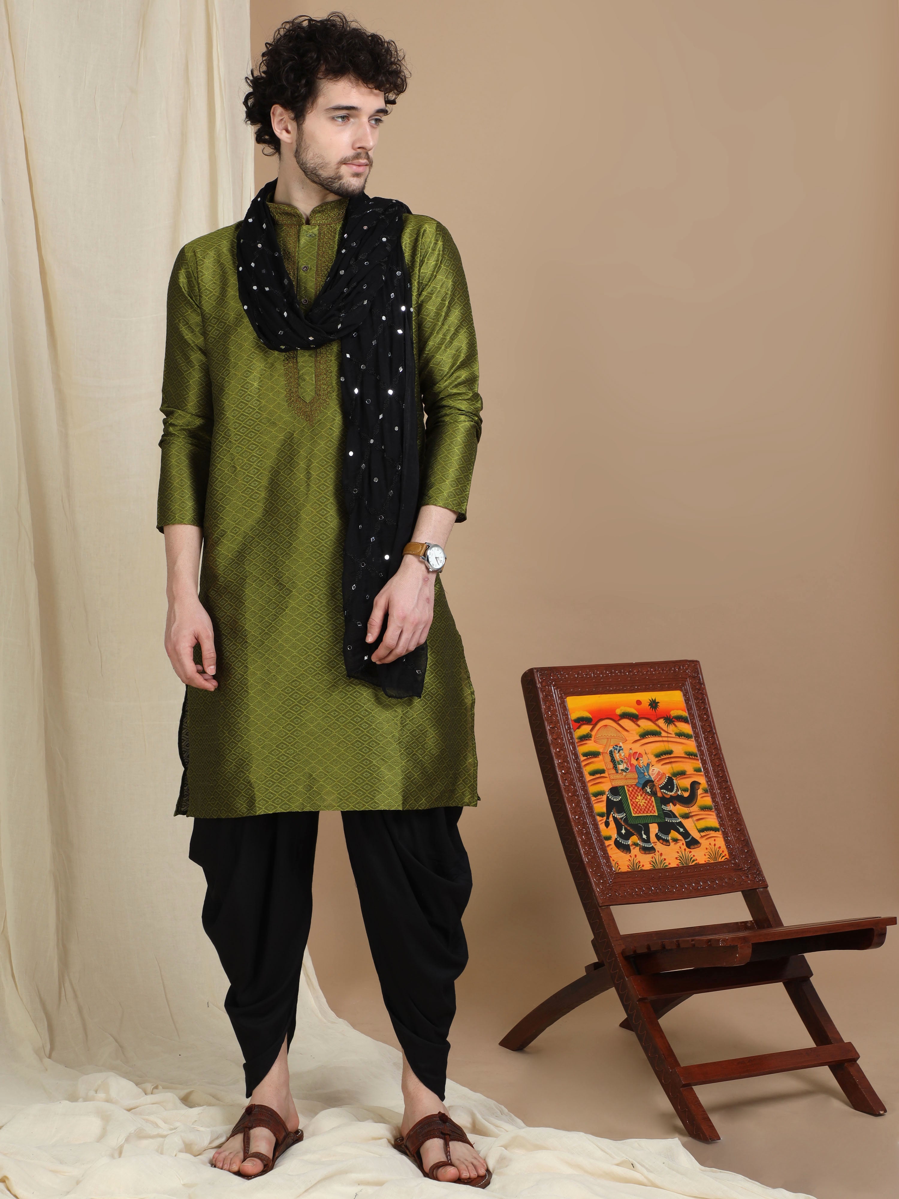 Olive Green Silk Blend Kurta