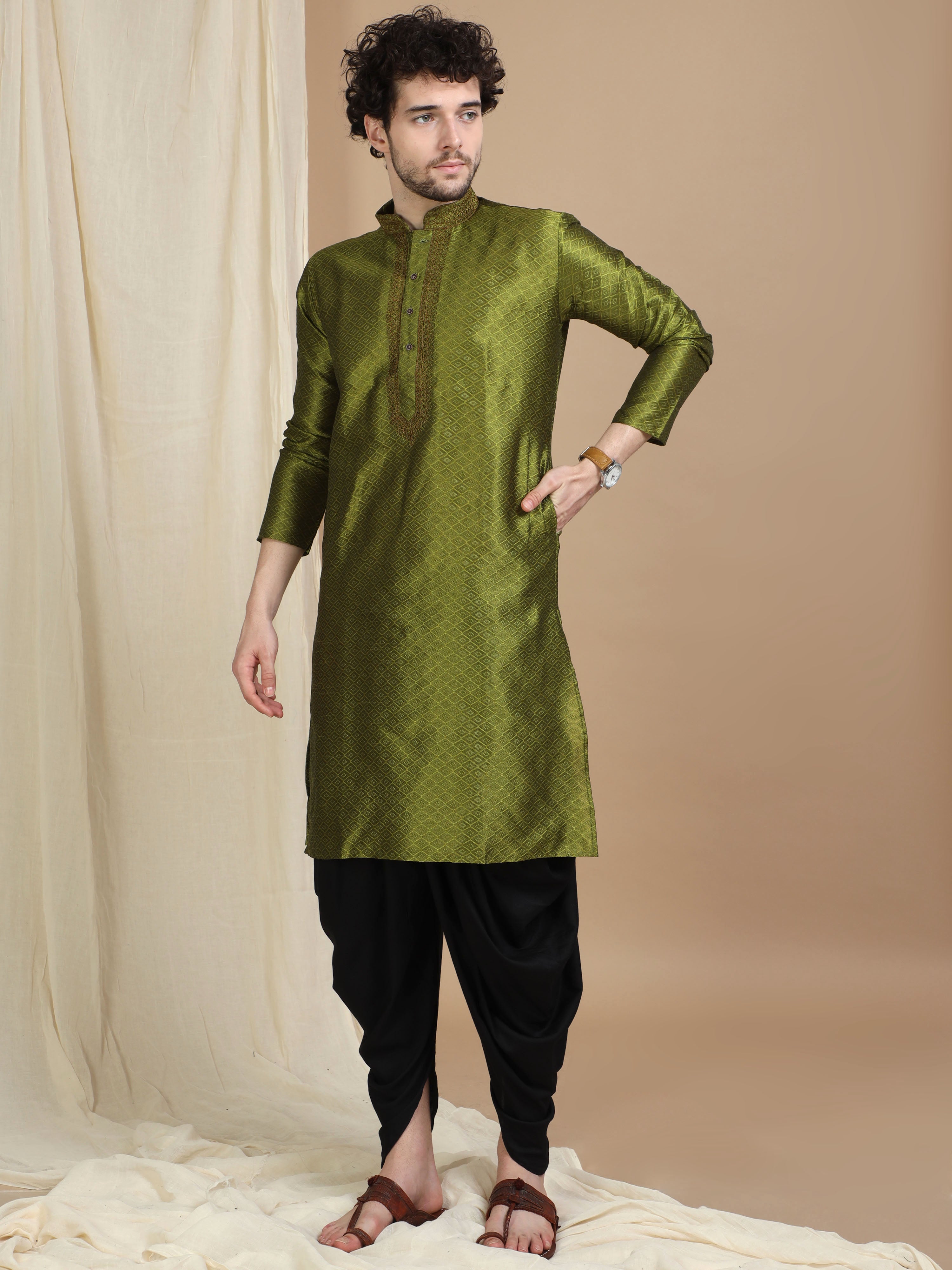 Olive Green Silk Blend Kurta